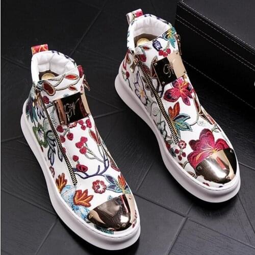 2021 High Quality Fashion Men High Top British Style Embroidery Shoes Mens Causal Luxury Shoes Red Gold Male Bottom Rubber Shoes