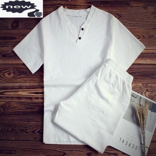 New Summer Cotton Linen V Neck Black White Sets Male Plus Size M-8XL Loose Fit Two Piece Set For Man