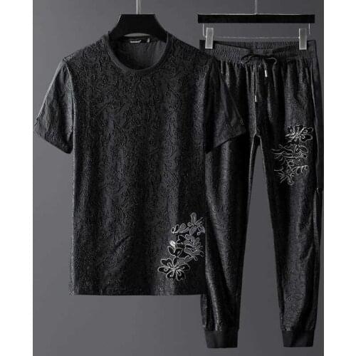 New mens Chinese style embroidery plum blossom leisure sports two-piece trousers social people mature wind summer Ice silk suit