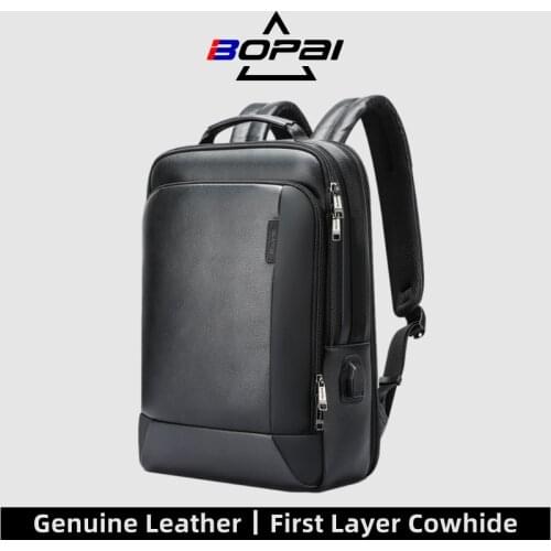BOPAI Men Genuine Leather Backpack Waterproof USB Bagpack Black Laptop Backpack 15.6 Inch Travel Anti-Theft BackPack Business
