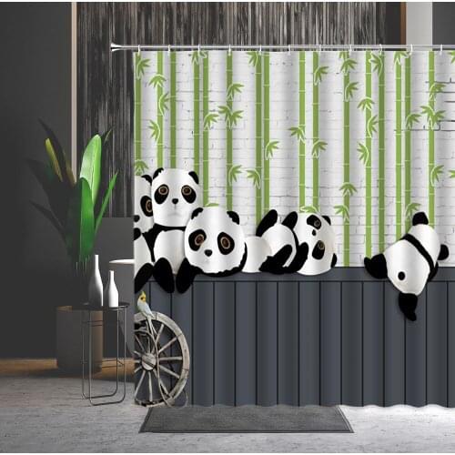 Cartoon Animal Shower Curtains Cute Panda Funny Wildlife Green Bamboo Plant Pattern Polyester Printed Home Decor Bathroom Screen