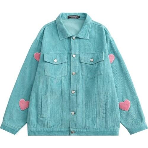 Flocking Heart Patchwork Corduroy Jacket Coat for Men and Women Japanese Harajuku Streetwear Hip Hop Black Green Corduroy Jacket