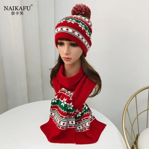 High Quality Unisex Christmas Scarf Winter Warm Knit Beanie Hair Bulb Hat Christmas Long Scarf Christmas Gift For Women Man Kids