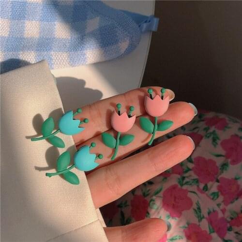 YAOLOGE Fashion Blue Pink Flower Acrylic Stud Earrings Geometric Accessories 2021 For Women Girls Party Jewelry Gift Brincos