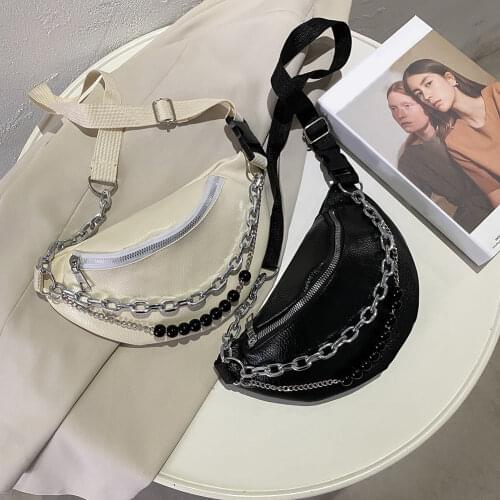 Women Solid Color Fanny Waist Packs Fashion PU Leather Beaded Chain Ladies Chest Bag Zipper Messenger Pouch Female Phone Purses