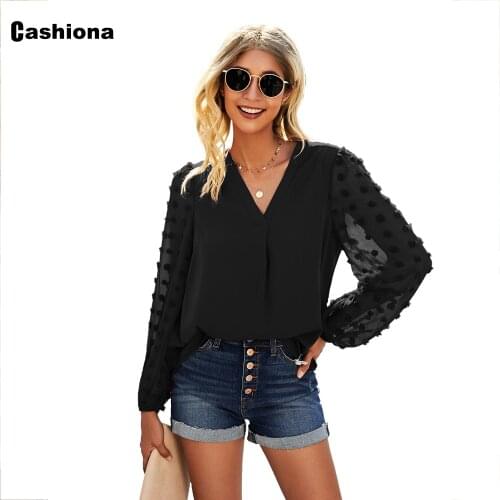 Cashiona 2021 Summer Chiffon Shirt Women Elegant Leisure Casual V-neck Tops Long Sleeve Female Shirt New Patchwork Dot Blouse