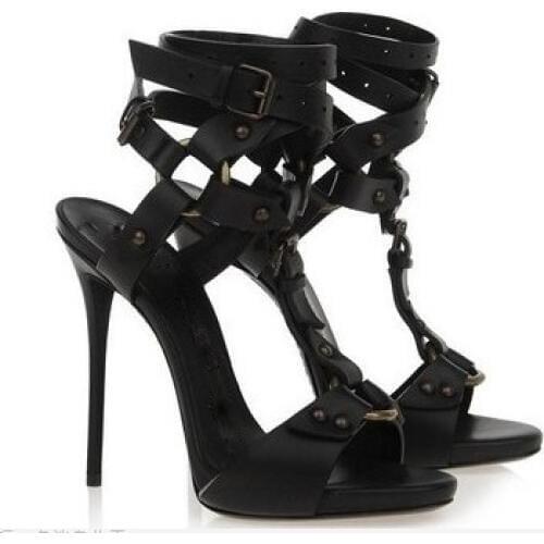 2019 summer high heel sandals super high thin heels open toe narrow band buckle&rivet decoration women casual shoes black brown