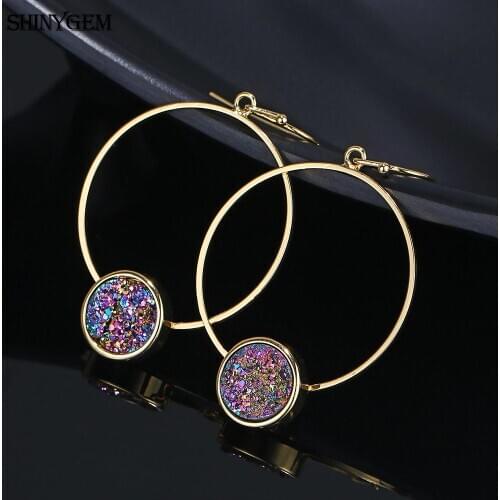 ShinyGem Vintage Golden Big Round Earrings Colorful Druzy Natural Stone Earrings DIY Smooth Twist Circle Drop Earrings For Women