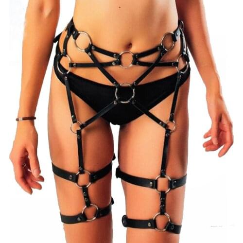 Women Sexy Leather Harness 2 Piece Set Garters Belts Waist To Leg Bondage Cage Fetish Straps Bra Body Belts Chest Suspenders