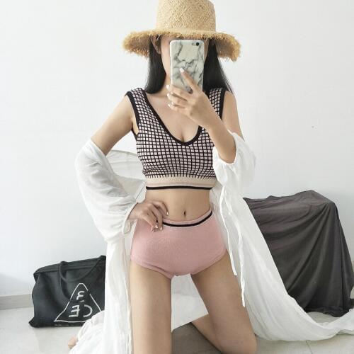 Korean summer ins retro sexy V-collar British style sub-split knitted swimsuit womens two-piece backless swimsuit