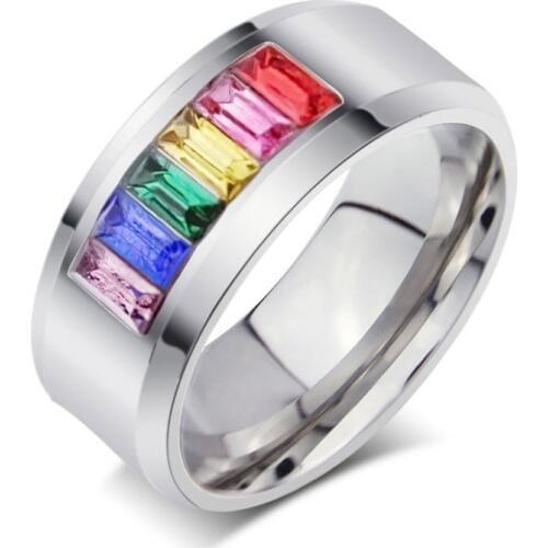 Big Size Colorful Rhinestone Stones LGBT Ring for Women 316L Stainless Steel Female Rainbow Jewelry Wedding Engagement Bands