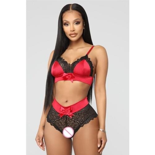 Women Sexy Lingerie Set Nightwear Lace V Neck See-Through Floral Fall Summer Bowknot Sling Bra + Sex Briefs