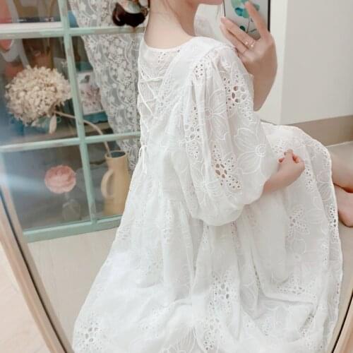 Summer French Palace Lantern Sleeve Loose Highwaist White Lace Princess Dress Cottage Fairy Core Chiffon Dress for Women Tunique