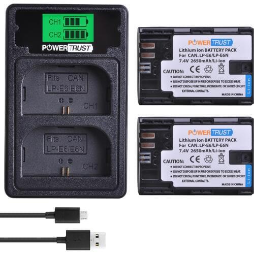 2Pcs LP-E6 LP-E6N LPE6 Battery+LCD Dual Charger with Type C Port for Canon EOS 5DS R 5D Mark II 5D Mark III 6D 7D 80D EOS 5DS R