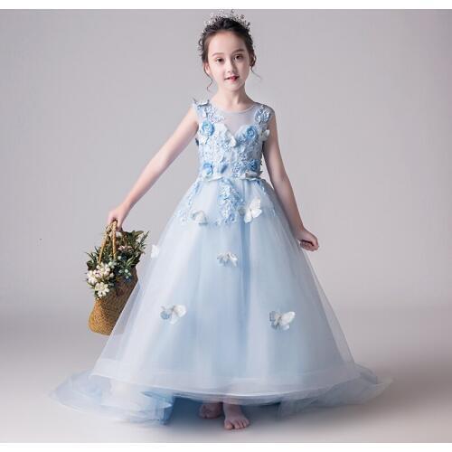 2018 Appliques Girls first communion dresses Long Trailing Party Ball Gown Flower Girl Dress For Wedding Kids Summer Vestido