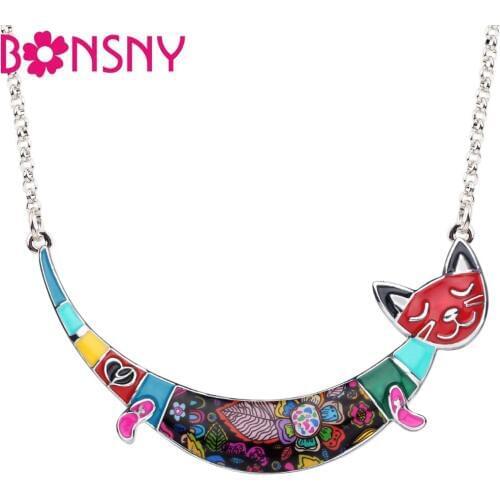 Bonsny Enamel Alloy Cartoon Smile Kitten Cat Necklace Chain Choker Collar Cute Animal Jewelry For Women Girls Teens Accessories