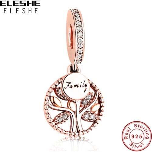 925 Sterling Silver Family Tree Charm Rose Gold Beads Charms Fit Original Bracelet Necklace Authentic Jewelry Making