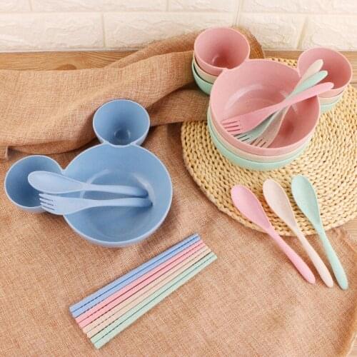 Natural Wheat Straw Bowl Baby Cartoon Tableware Set Toddler Kids Dinner Feeding Food Plate Children Training Bowl Spoon Fork