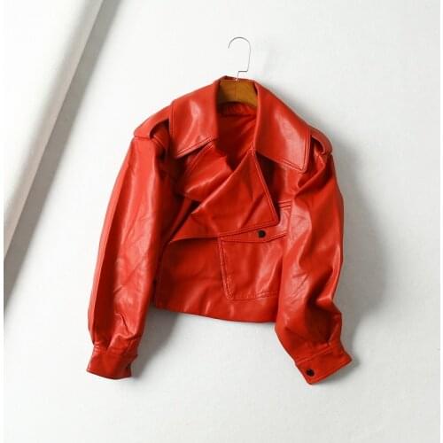 Spring Autumn 2021 Big Pocket Red Faux Leather Jacket Motorcycle Biker Jacket Black Coat Lapel Long Sleeve Streetwear Punk Coat