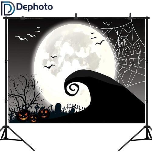 Dephoto Halloween Nightmare Photography Backdrop Horror Night Full Moon Pumpkin Jack Theme Spider Web Flying Bat Backdground