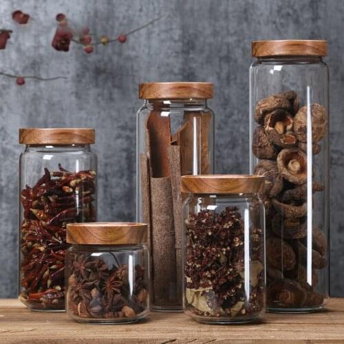 Wood Lid Glass Airtight Canister Kitchen Storage Bottles Jar Sealed Food Container Tea Coffee Beans Grains Candy Jars Containers