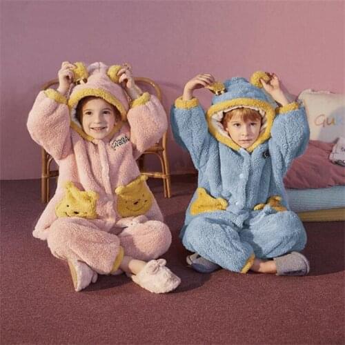 Children Winter Pajamas For Girl‘s Boys Robe Set Cartoon Bathrobe Pooh Bear Flannel Hooded Sleepwear Coral Velvet Home Clothes