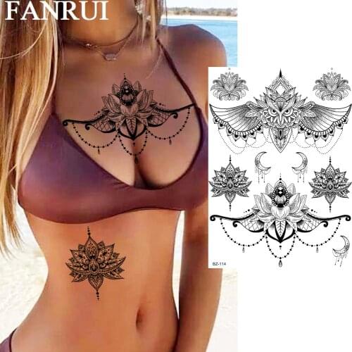 FANRUI Owl Lotus Mehndi Temporary Tattoos For Women Sticker Pendant Fake Tatoos Black Henna Art Waist Custom Tattoo Sexy