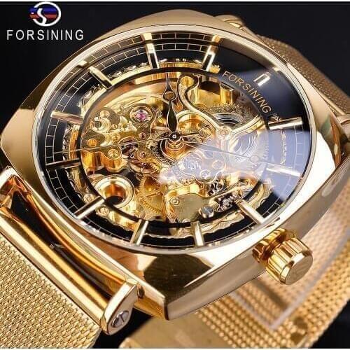 Forsining Golden Men Square Mechanical Watches Automatic Slim Dial Skeleton Stainless Steel Mesh Band Business Suit Montre Homme
