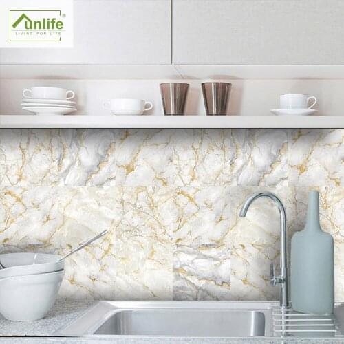 Funlife® White and Gold Marble Tile sticker Peel & Stick Removable Wallpaper Kitchen Backsplash Waterproof Self-Adhesive kitchen