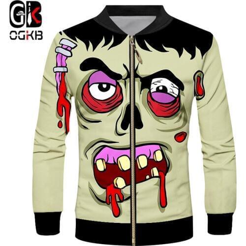 OGKB Fashion Halloween Man Ugly Zombie Face Zip Jacket Street Wear Best Selling Wholesale 6XL Mens 3D Printed Clothing
