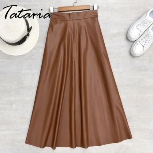 Autumn Winter Womens Leather Skirt Long A-line Midi Skirt Vintage PU Faux Leather Skirts Female Basic High Waist Skirt Ziper