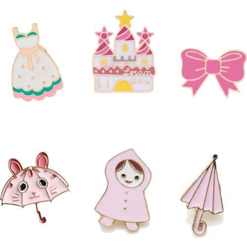 Pink Women Cute Brooches Enamel Pins Badge Little Girl Skirts Castle Bow-knot Umbrella Clothes Lapel Pin Bag Button Jewelry Gift