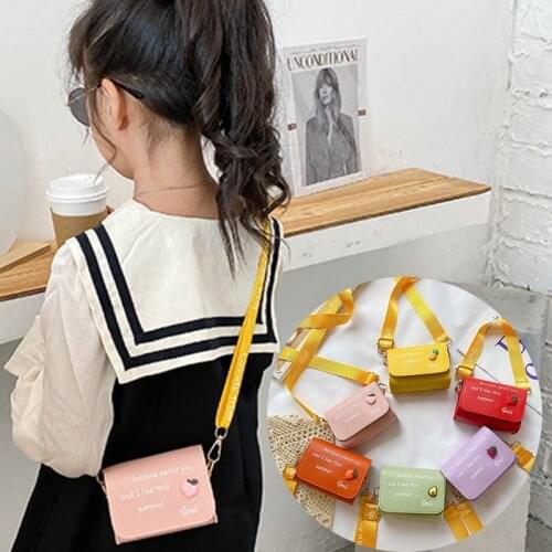 Cute Fruit Letter Print Girls Messenger Bag Solid Color PU Kids Coin Purse Wallet Outdoor Children Shoulder Bags Gift
