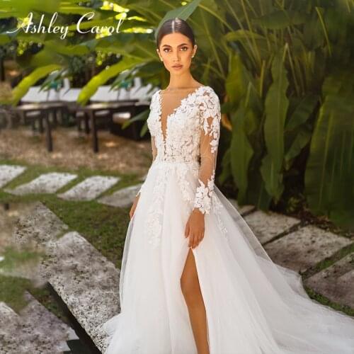 Ashley Carol A-Line Wedding Dress 2021 Classy V-Neck Delicate Beading Appliques Bride Long Sleeve Beach Slit-Hem Bridal Gown