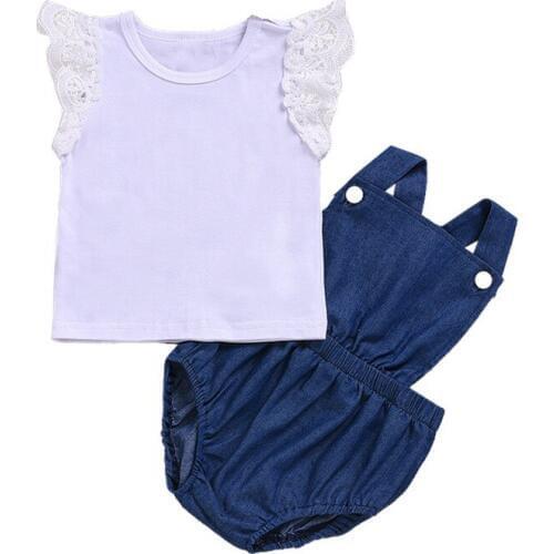 Flare Sleeve Tops T-shirt Denim Strap Romper Summer Newborn Baby Girls Clothes Sets Fashion Suit Baby Girls Casual Suit