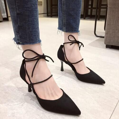 2020 New Summer Pumps Women Shoes Woman Solid Flock Lace Up Cross Tie Pointed Toe Thin High Heels Sexy Ladies Shoes Sandals