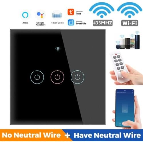 Smart Wifi Touch Switch No Neutral Wire Required Smart Home 1/2/3/4 Gang Light Switch 220V Support Alexa Tuya App 433RF Remote