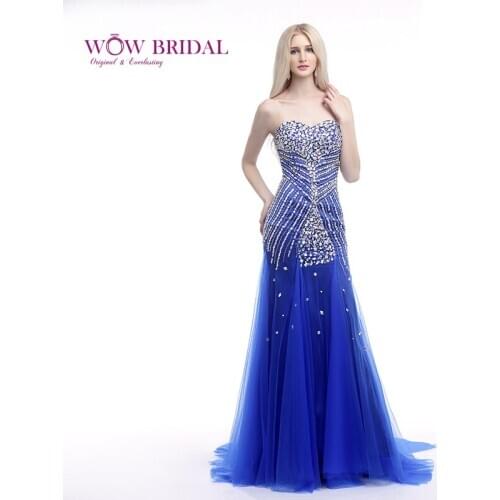 Wowbridal Graceful Long Mermaid Prom Dress Sweetheart Strapless Beaded Lace Tulle Draped Sweep Train Women Formal Party Dress
