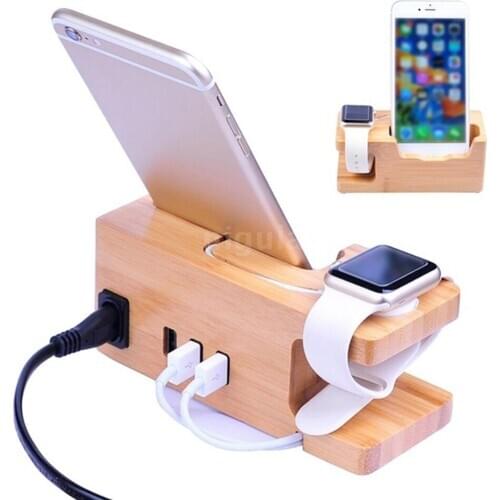 3-Port USB Charger For Apple Watch & Phone Organizer Stand,Cradle Holder,15W 3A Desktop Bamboo Wood Charging Station for Iwatch