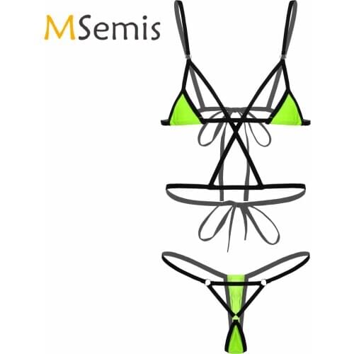 Womens Bikini Swimsuit Strappy Lace-Up O-Ring Connected Lingerie Set Adjustable Spaghetti Strap Bra Tops with G-String Thongs