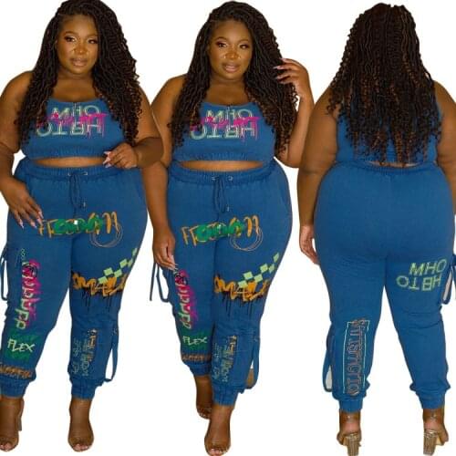 Vintage Two Piece Set Women Summer Streetwear Outfits Print Letter Short Tops and Pant Suit Tracksuit Casual Plus Size Sets