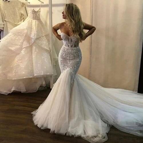 Lace-Up Appliques Beaded Puffy Tulle Strapless Mermaid Wedding Dress Women Princess Bridal Gown For Party Robe De Marriage 2021