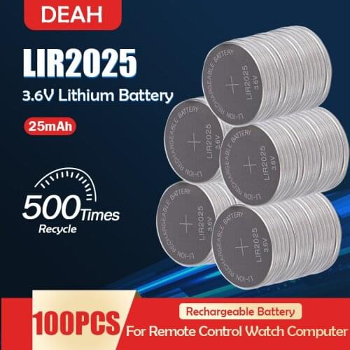 100PCS LIR2025 LIR 2025 3.6V Rechargeable Lithium battery For Remote Key Watch Weight Scale Calculator Button Coin Cell CR2025