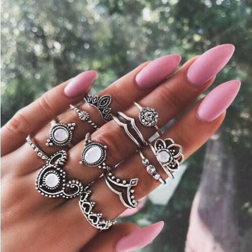 12 Pcs/Set Bohemian Vintage Crown Crystal Opal Geometric Lotus Flower Rings Set Women Charm Joint Finger Party Jewelry Gift