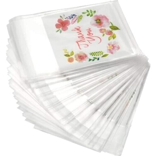 400Pcs Thank You Plastic Bags Pink Flower Self Adhesive Cookie Mini Candy Packaging Biscuit Roasting DIY Gift Favor Bags