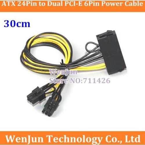DHL/EMS Free Shipping ATX 24Pin to Dual PCI-E 6Pin Power Cable with start for video card 18AWG wire 30cm