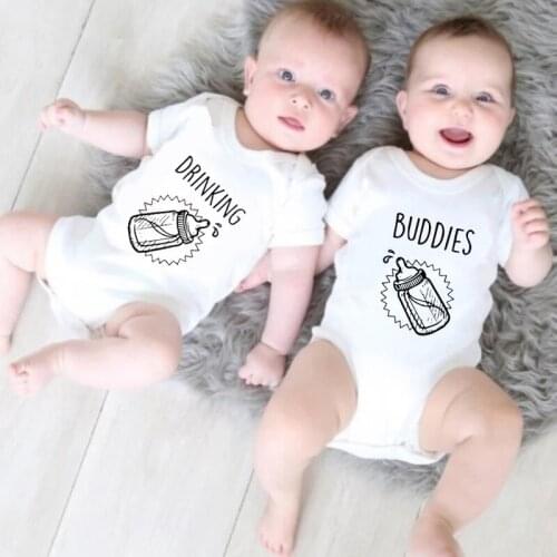 Buddies and Drinking Summer Newborn Twins Baby Girls Boys Rompers Short Sleeve Print Letter Newborn Baby Causal Clothes Jumpsuit