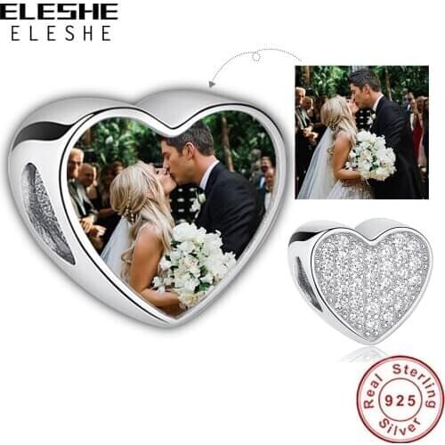 ELESHE Clear CZ Heart Personalized Photo Bead 925 Sterling Silver Trendy Charm for Women fit Bracelet DIY Jewelry Making