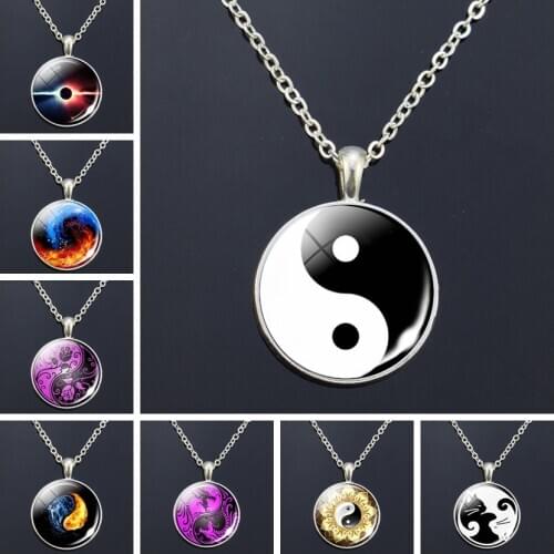 Yin Yang Taichi Symbols Silver Color Necklace Glass Cabochon Jewelry Yin Yang Accessories Pendant Men Women Gifts