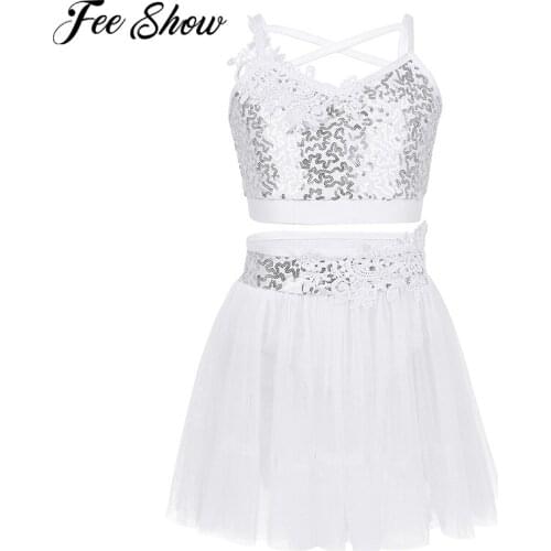 Children Girls Sequins Crop Tops Gymnastics Leotard Tulle Tutu Ballet Skirt Set Kids Figure Skating Dress Lyrical Dance Costumes